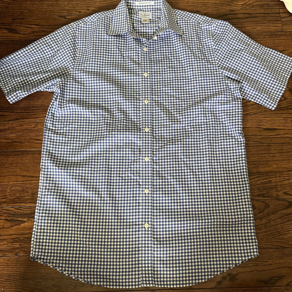 LL Bean Men Short Sleeve M Tall Blue White Gingham Button Down Wrinkle Resistant